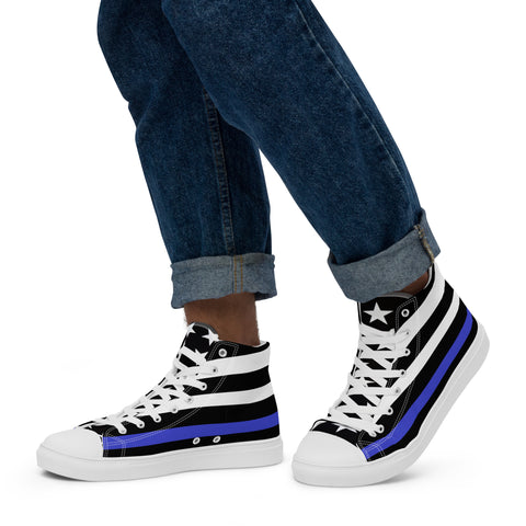 Stylish Thin Blue Line Flag Men's Canvas High Tops - Black and White Stripes and Stars on the Tongue