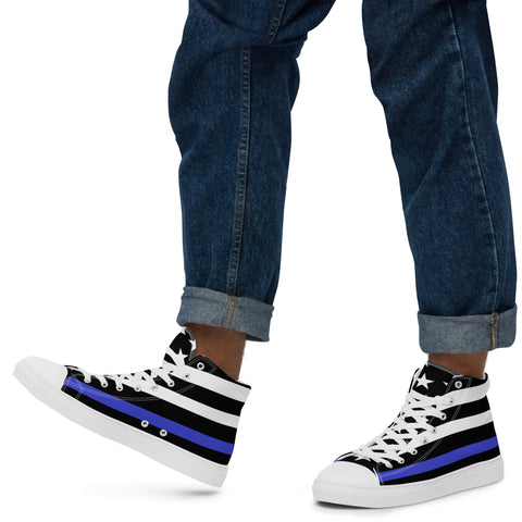 Stylish Thin Blue Line Flag Men's Canvas High Tops - Black and White Stripes and Stars on the Tongue