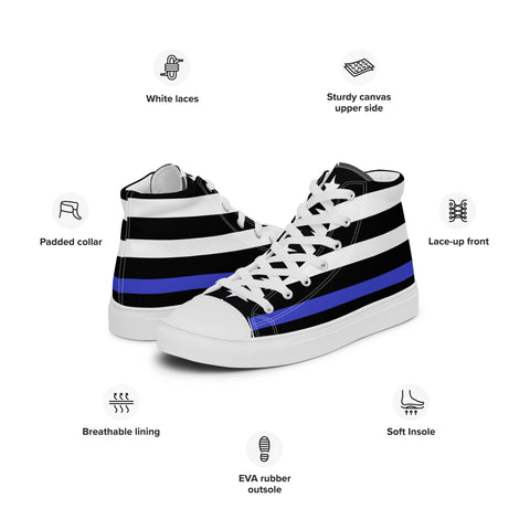 Stylish Thin Blue Line Flag Men's Canvas High Tops - Black and White Stripes and Stars on the Tongue