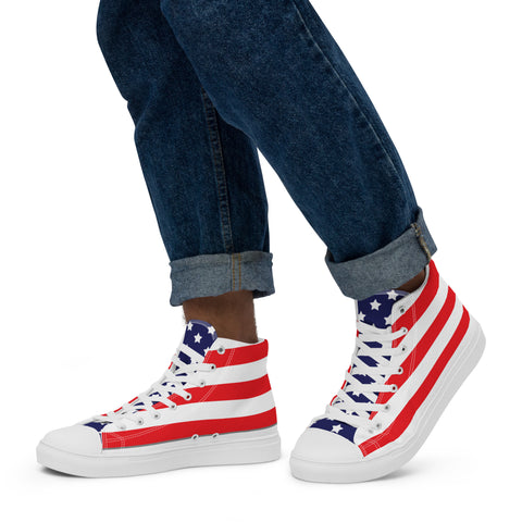 Patriotic Men's High Top Canvas Shoes - American Flag Design