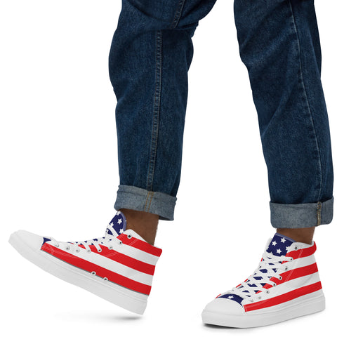 Patriotic Men's High Top Canvas Shoes - American Flag Design