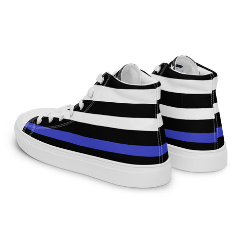 Stylish Thin Blue Line Flag Men's Canvas High Tops - Black and White Stripes and Stars on the Tongue