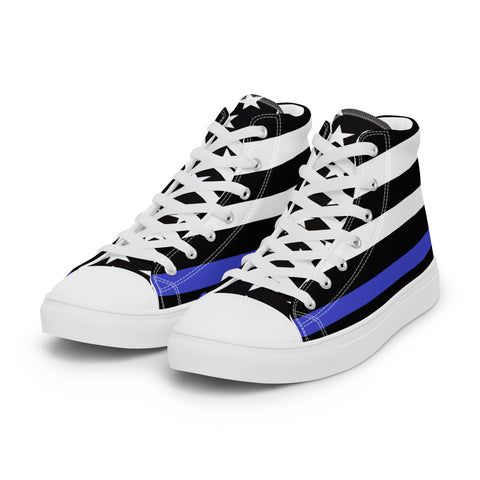 Stylish Thin Blue Line Flag Men's Canvas High Tops - Black and White Stripes and Stars on the Tongue