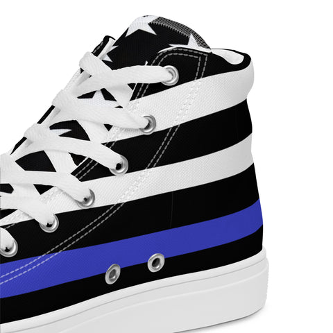 Stylish Thin Blue Line Flag Men's Canvas High Tops - Black and White Stripes and Stars on the Tongue