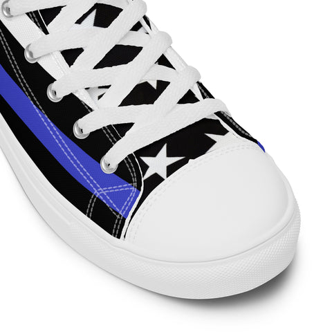 Stylish Thin Blue Line Flag Men's Canvas High Tops - Black and White Stripes and Stars on the Tongue