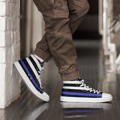 Stylish Thin Blue Line Flag Men's Canvas High Tops - Black and White Stripes and Stars on the Tongue