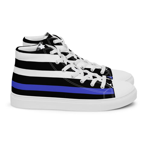 Stylish Thin Blue Line Flag Men's Canvas High Tops - Black and White Stripes and Stars on the Tongue