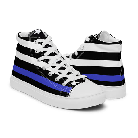 Stylish Thin Blue Line Flag Men's Canvas High Tops - Black and White Stripes and Stars on the Tongue