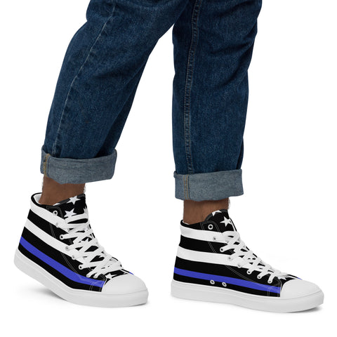 Stylish Thin Blue Line Flag Men's Canvas High Tops - Black and White Stripes and Stars on the Tongue