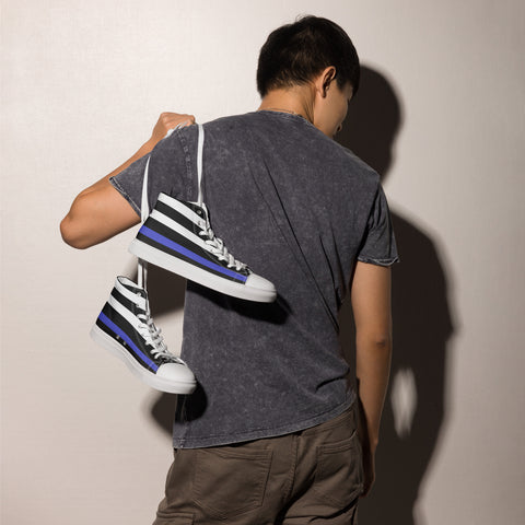 Stylish Thin Blue Line Flag Men's Canvas High Tops - Black and White Stripes and Stars on the Tongue