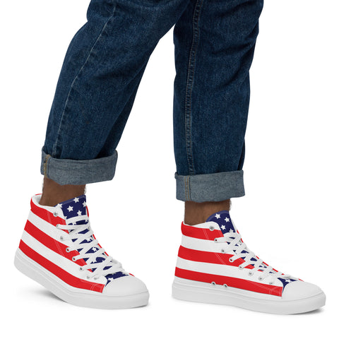 Patriotic Men's High Top Canvas Shoes - American Flag Design