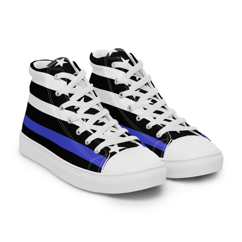 Stylish Thin Blue Line Flag Men's Canvas High Tops - Black and White Stripes and Stars on the Tongue