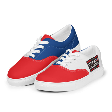 Red, White, and Blue Lace-Up Canvas Shoes with 'Let's Go Brandon' - Patriotic Footwear