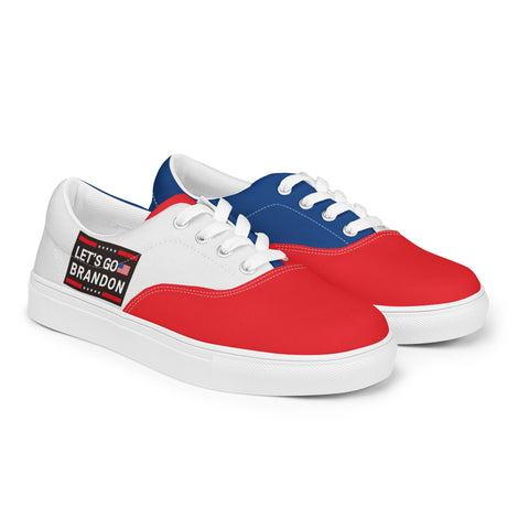 Red, White, and Blue Lace-Up Canvas Shoes with 'Let's Go Brandon' - Patriotic Footwear