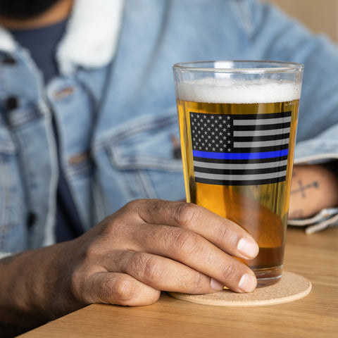 Thin Blue Line Flag Printed Shaker Pint Glass - Patriotic Drinkware