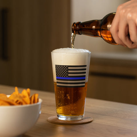 Thin Blue Line Flag Printed Shaker Pint Glass - Patriotic Drinkware