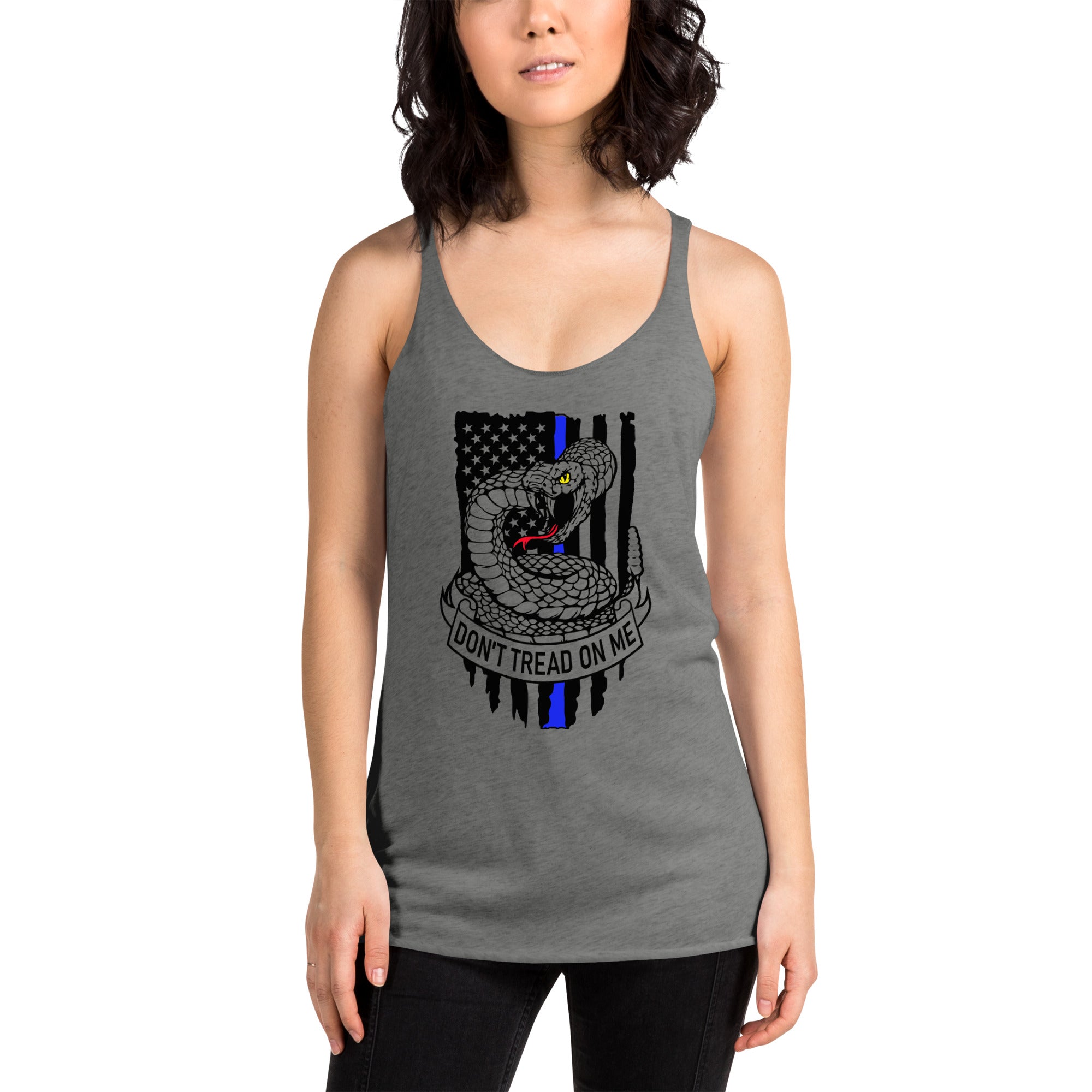 Bold Freedom & Style: Women's Racerback Tank with Thin Blue Line & Gadsden Flag