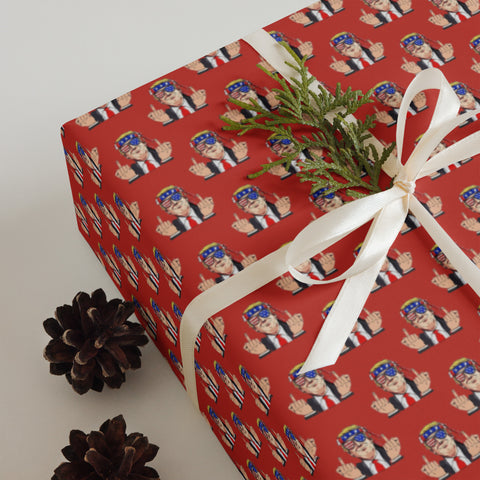 Rebellious Trump Giving the Finger, Red Gift Wrapping Paper