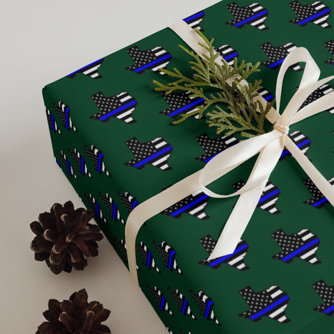 Thin Blue Line Flags in the Shape of Texas Wrapping Paper - Forest Green