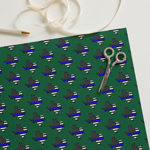 Thin Blue Line Flags in the Shape of Texas Wrapping Paper - Forest Green