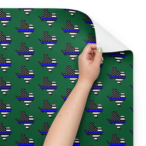 Thin Blue Line Flags in the Shape of Texas Wrapping Paper - Forest Green