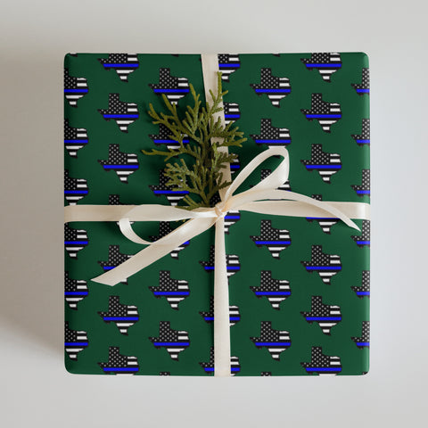 Thin Blue Line Flags in the Shape of Texas Wrapping Paper - Forest Green