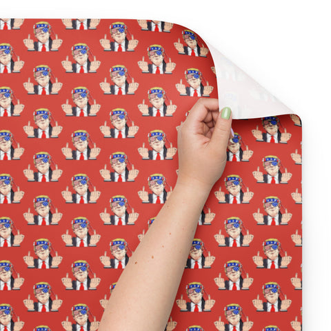 Rebellious Trump Giving the Finger, Red Gift Wrapping Paper