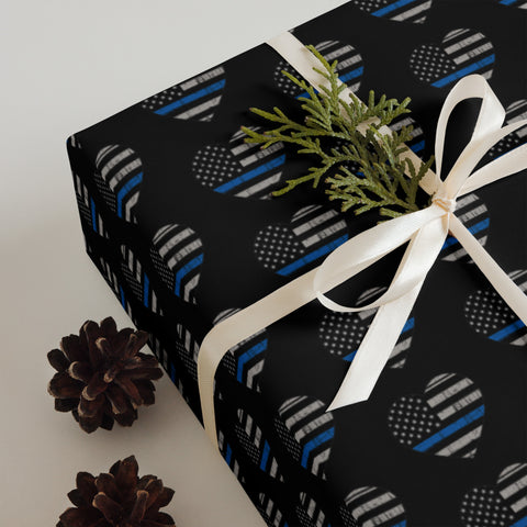 Heart Shaped Thin Blue Line Flags Wrapping Paper (Black) - A Patriotic Tribute