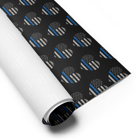 Heart Shaped Thin Blue Line Flags Wrapping Paper (Black) - A Patriotic Tribute