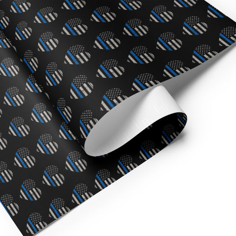 Heart Shaped Thin Blue Line Flags Wrapping Paper (Black) - A Patriotic Tribute