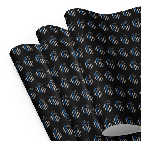 Heart Shaped Thin Blue Line Flags Wrapping Paper (Black) - A Patriotic Tribute