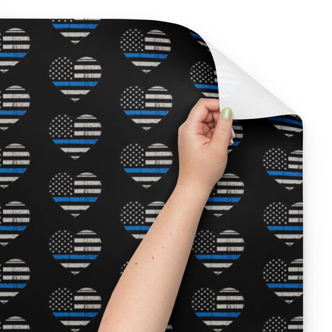 Heart Shaped Thin Blue Line Flags Wrapping Paper (Black) - A Patriotic Tribute