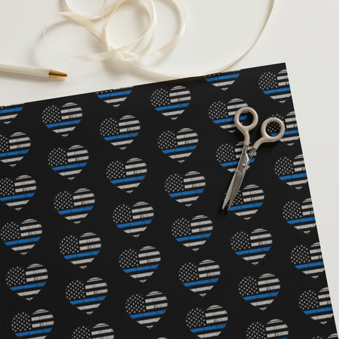 Heart Shaped Thin Blue Line Flags Wrapping Paper (Black) - A Patriotic Tribute