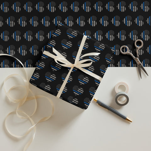 Heart Shaped Thin Blue Line Flags Wrapping Paper (Black) - A Patriotic Tribute