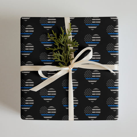 Heart Shaped Thin Blue Line Flags Wrapping Paper (Black) - A Patriotic Tribute