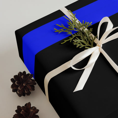 Three Premium Sheets of Black Gift Wrapping Paper with a Bright Thin Blue Line - Honoring Law Enforcement Style 2