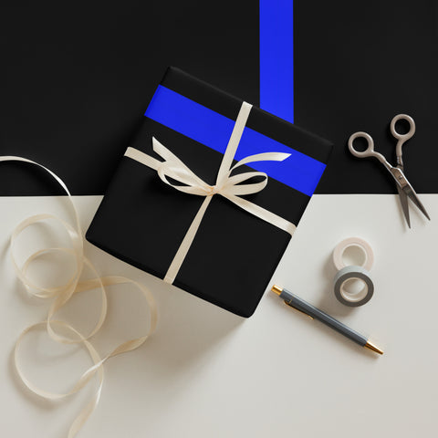 Three Premium Sheets of Black Gift Wrapping Paper with a Bright Thin Blue Line - Honoring Law Enforcement Style 2