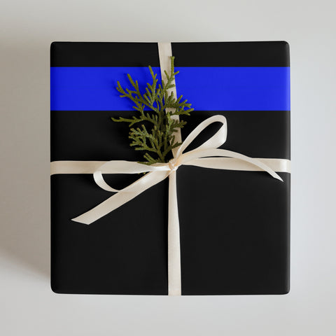 Three Premium Sheets of Black Gift Wrapping Paper with a Bright Thin Blue Line - Honoring Law Enforcement Style 2