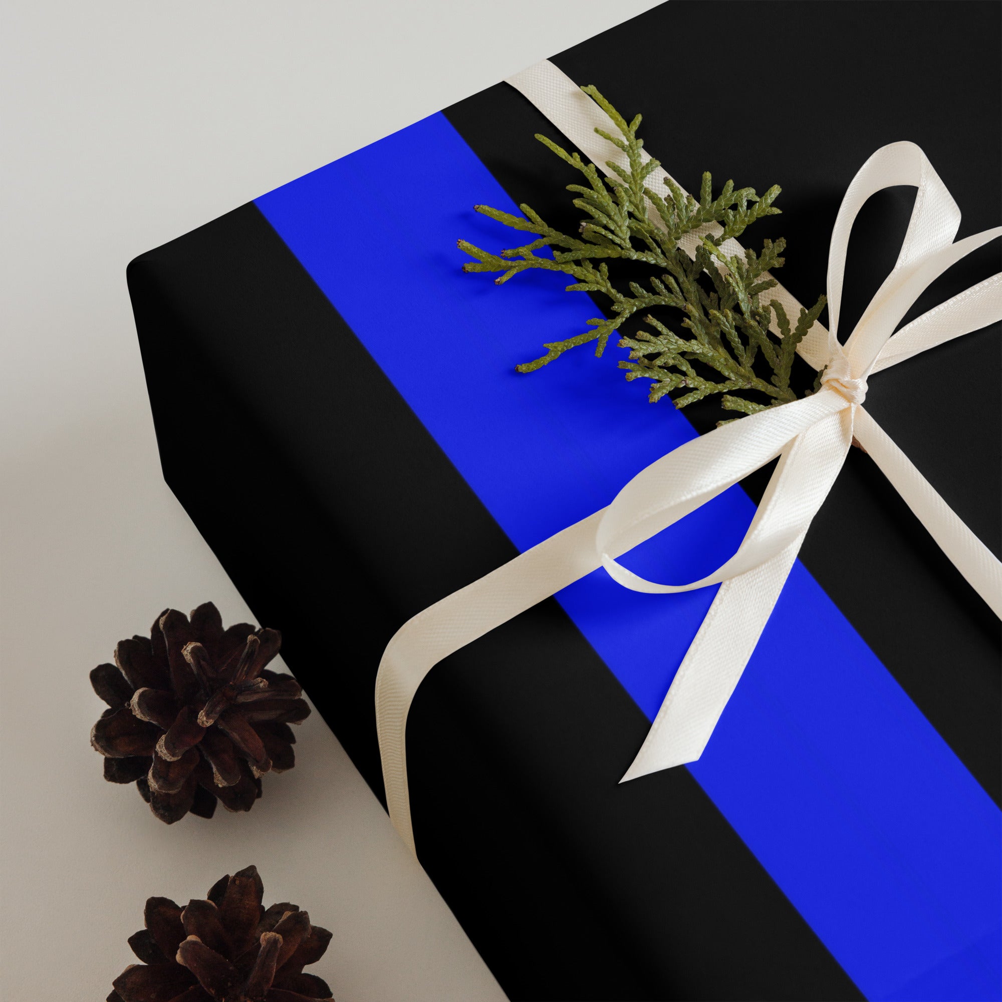 Three Premium Sheets of Black Gift Wrapping Paper with a Bright Thin Blue Line - Honoring Law Enforcement Style 3