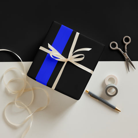 Three Premium Sheets of Black Gift Wrapping Paper with a Bright Thin Blue Line - Honoring Law Enforcement Style 3