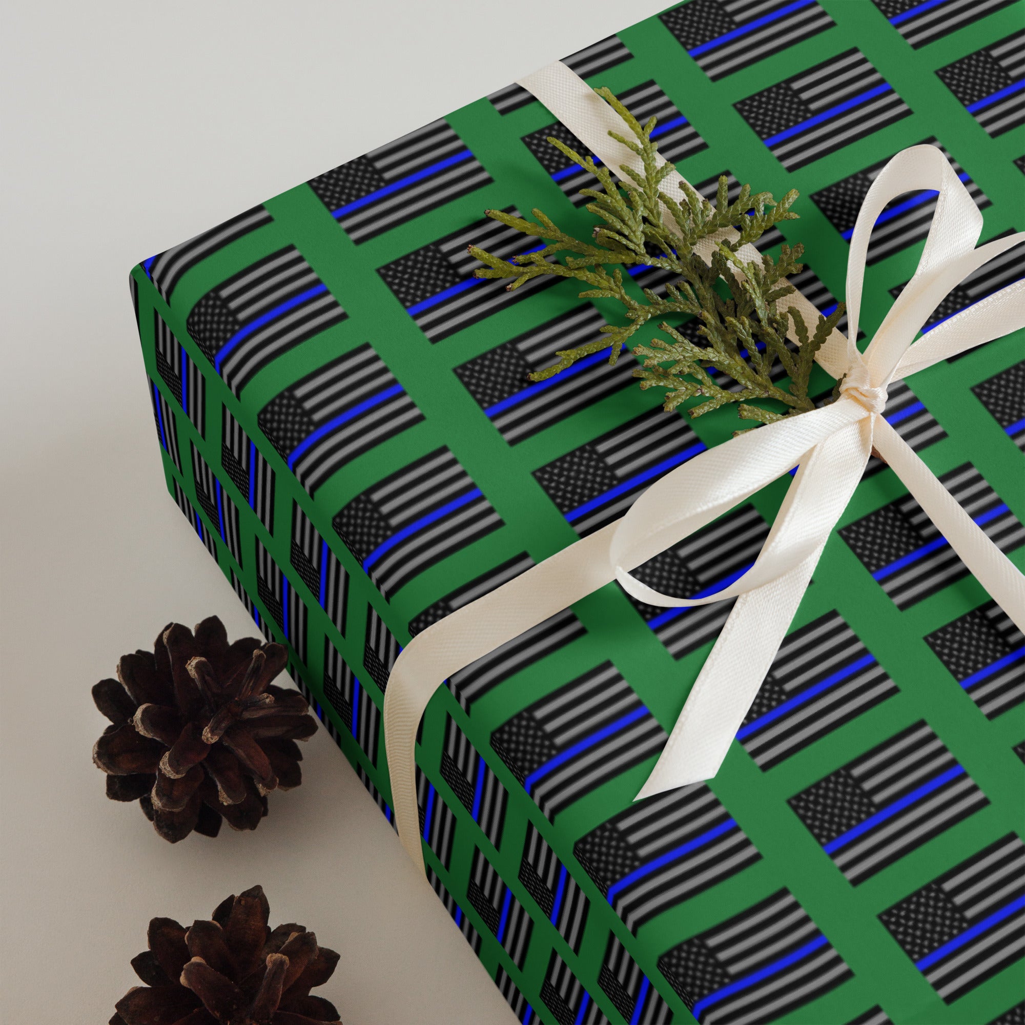 Green Thin Blue Line Flag Design Gift Wrapping Paper - 3 Premium Sheets