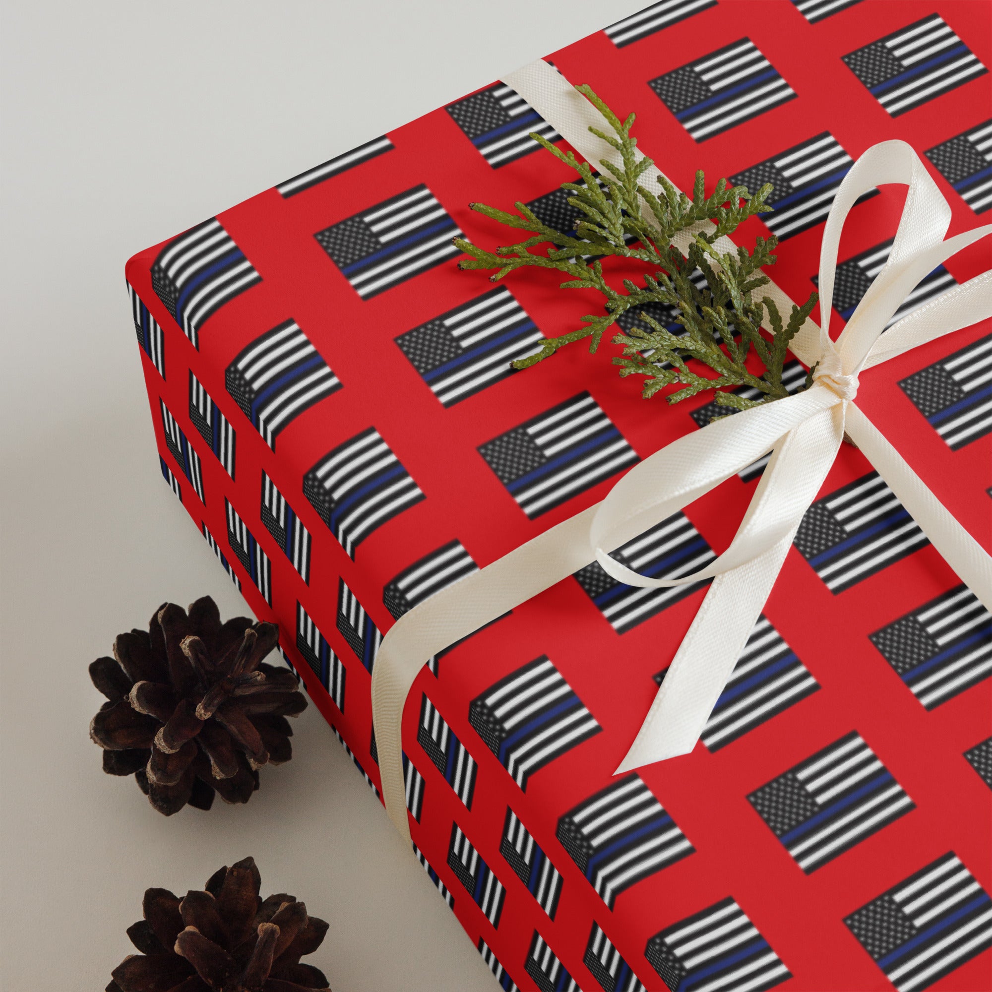 Three Sheets of Premium Red Gift Wrapping Paper with Thin Blue Line Flag Designs