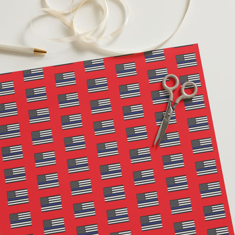 Three Sheets of Premium Red Gift Wrapping Paper with Thin Blue Line Flag Designs