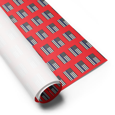 Three Sheets of Premium Red Gift Wrapping Paper with Thin Blue Line Flag Designs