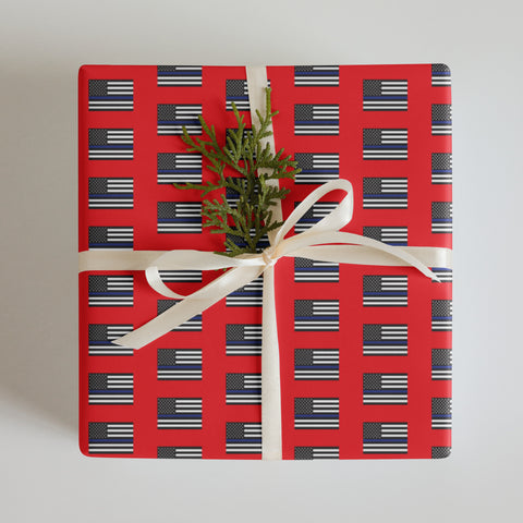 Three Sheets of Premium Red Gift Wrapping Paper with Thin Blue Line Flag Designs