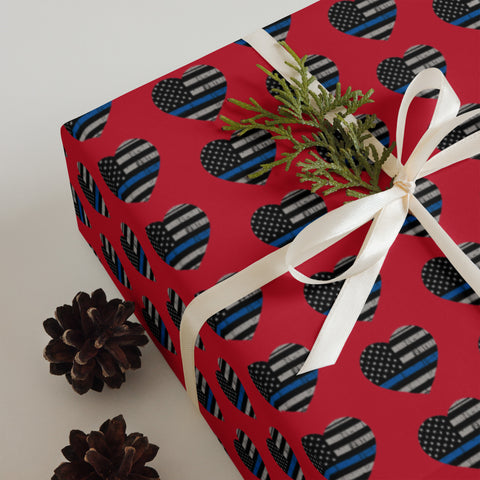 Heart Shaped Thin Blue Line Flags Gift Wrapping Paper (Red) - A Patriotic Tribute