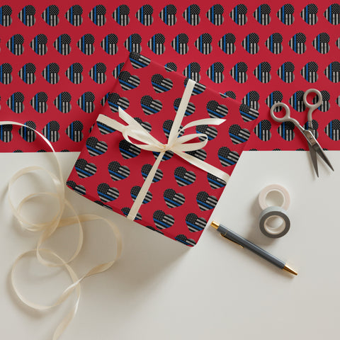 Heart Shaped Thin Blue Line Flags Gift Wrapping Paper (Red) - A Patriotic Tribute