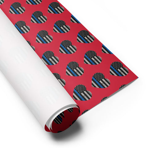 Heart Shaped Thin Blue Line Flags Gift Wrapping Paper (Red) - A Patriotic Tribute