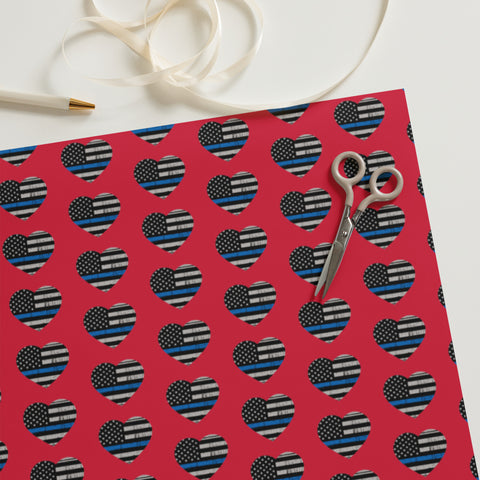 Heart Shaped Thin Blue Line Flags Gift Wrapping Paper (Red) - A Patriotic Tribute