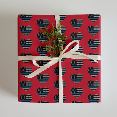 Heart Shaped Thin Blue Line Flags Gift Wrapping Paper (Red) - A Patriotic Tribute